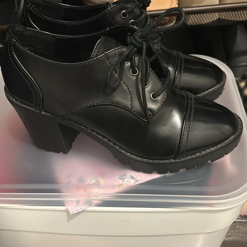 Bamboo Black 3” High Heel Lace Up Patent Booties